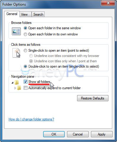 บางโฟลเดอร์ในเมนูซ้ายของ Windows Explorer หายไป