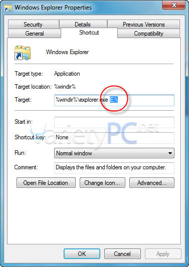 เปลี่ยนที่อยู่เดิมให้ Windows Explorer ไปเป็นโฟลเดอร์ที่ต้องการ