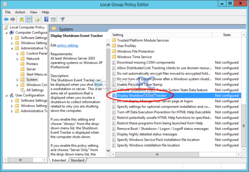 วิธีปิด Display Shutdown Event Tracker บน Windows Server 2012 ...
