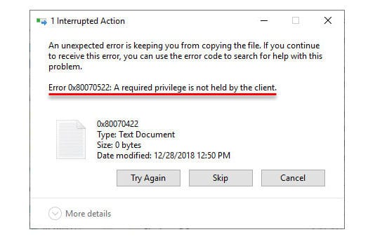 วิธีแก้ Error 0x80070522: A required privilege is not held by the client.