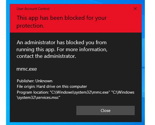 วิธีแก้ This app has been blocked for your protection กับ Services.msc